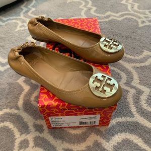 Tory Burch Sand/Gold Patent Reva Flats